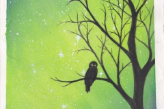 Galaxy with tree and owl (aquarel)