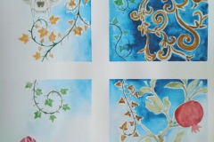 Quadriptych Cat's skull with Ivy, Roses, and Pommegranates (aquarel)